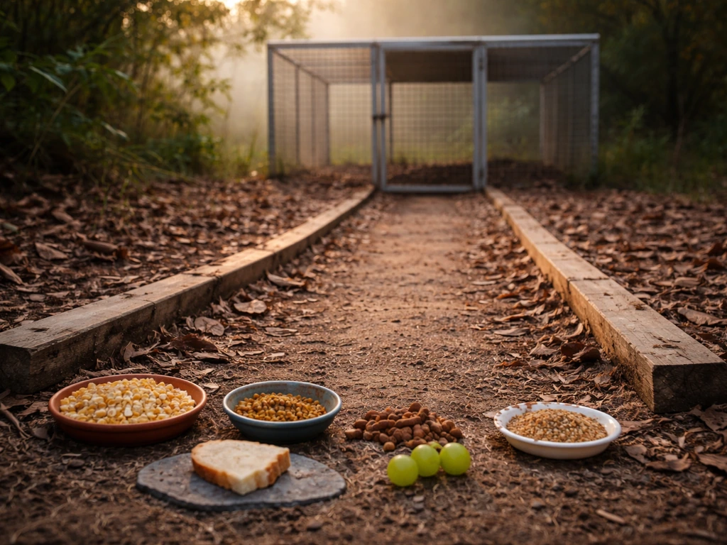 Cracked corn, mealworms, cat food, bread, grapes, and poultry feed arranged to funnel into a small enclosure.