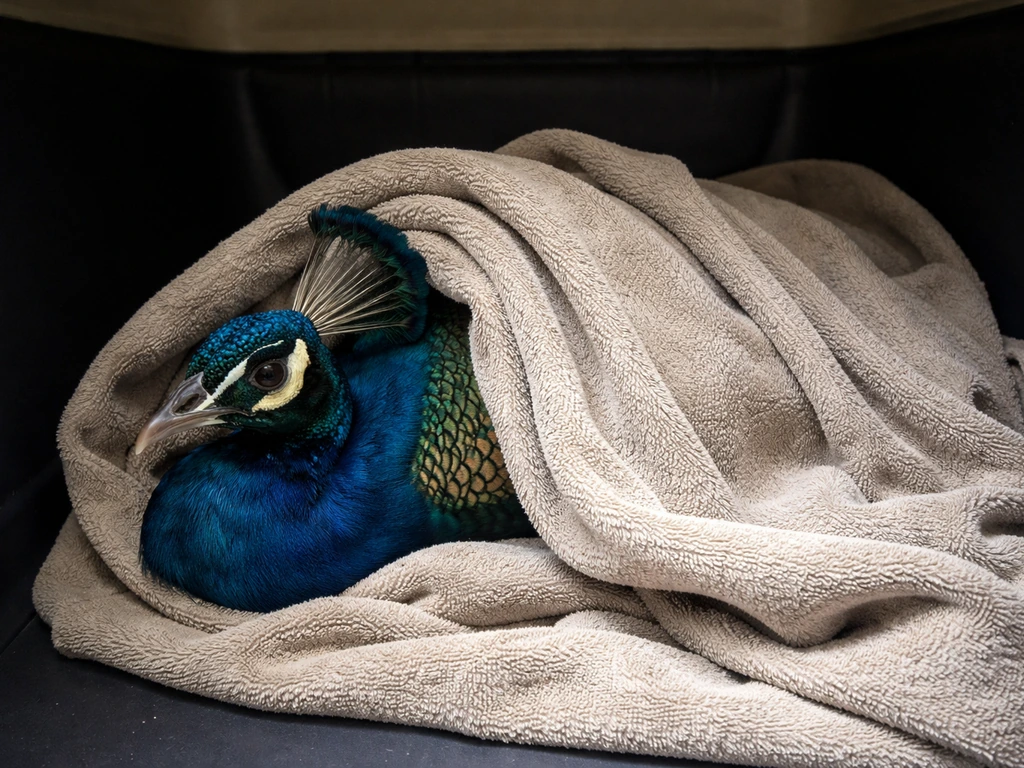 A peacock wrapped loosely in a towel inside a dark quiet container for safe, immediate aftercare.