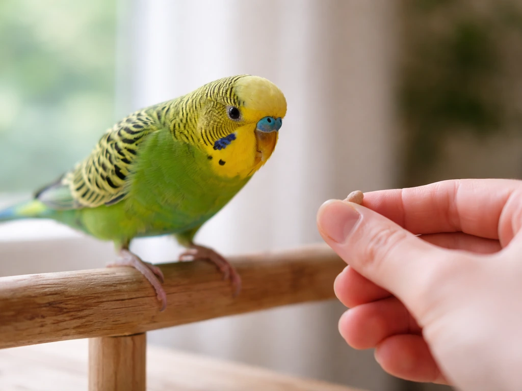 A pet parakeet steps toward a hand offering a treat in a calm, trust-building recall moment.