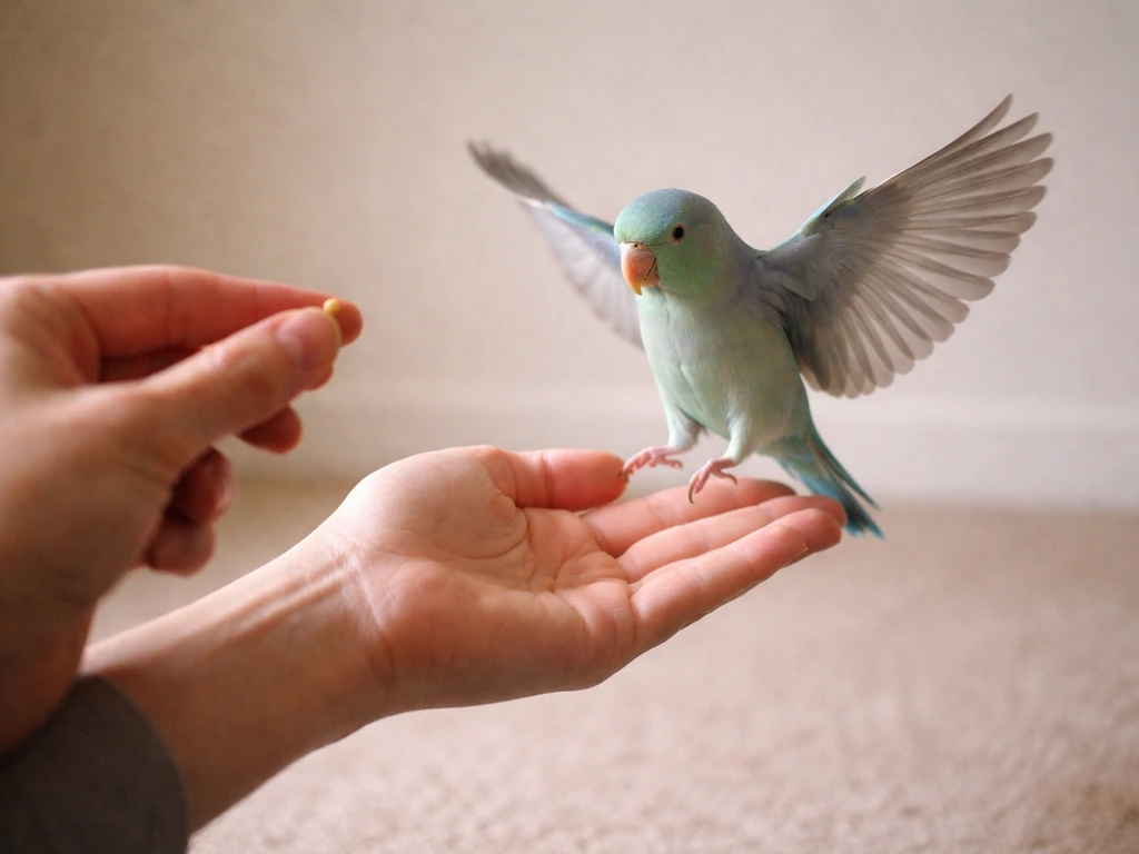 Pet bird flying to a treat held by a person during recall training