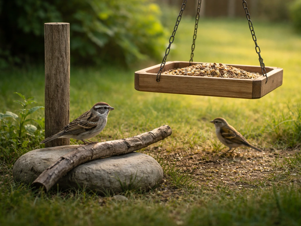 Small wild songbirds near a ground perch beside a hanging backyard feeder in a calm yard
