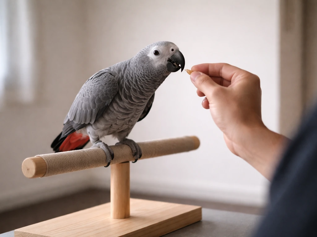 African grey parrot perched facing a handler in a quiet training room
