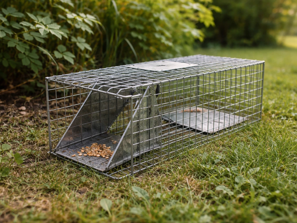 Humane box trap outdoors on grass with bait inside, suggesting safe bird capture and relocation.