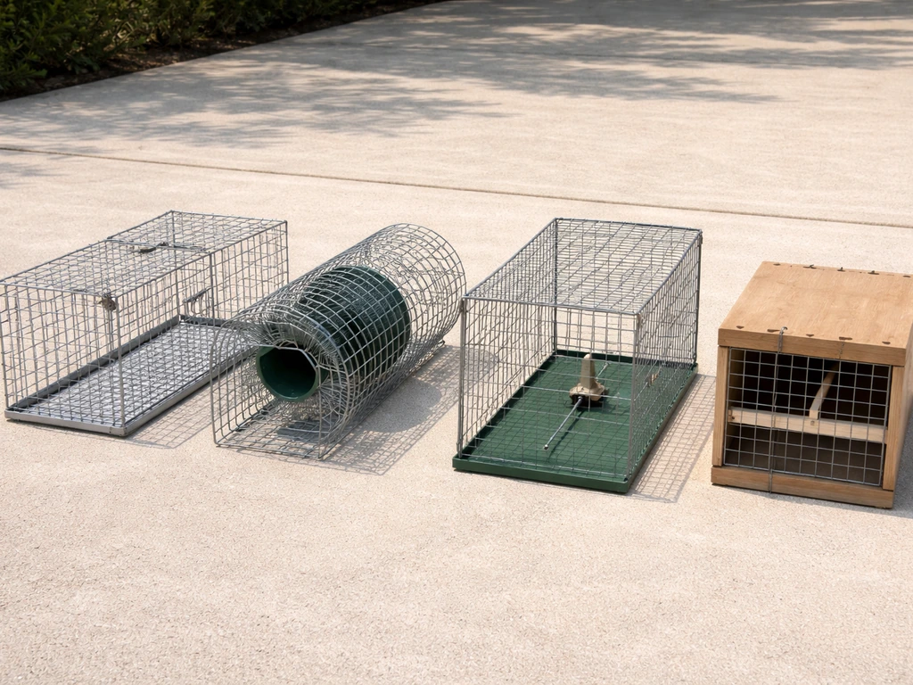 Four humane bird trap types laid out side-by-side on a clean outdoor surface, no birds present.