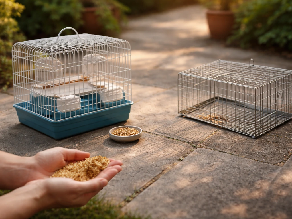 Hands offering millet beside an open pet travel cage, with a plain trap-like cage nearby outdoors.
