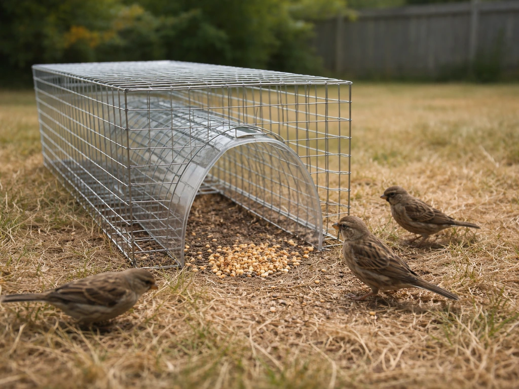 A humane funnel-style bird trap on grass with finches near the seed at the entrance.