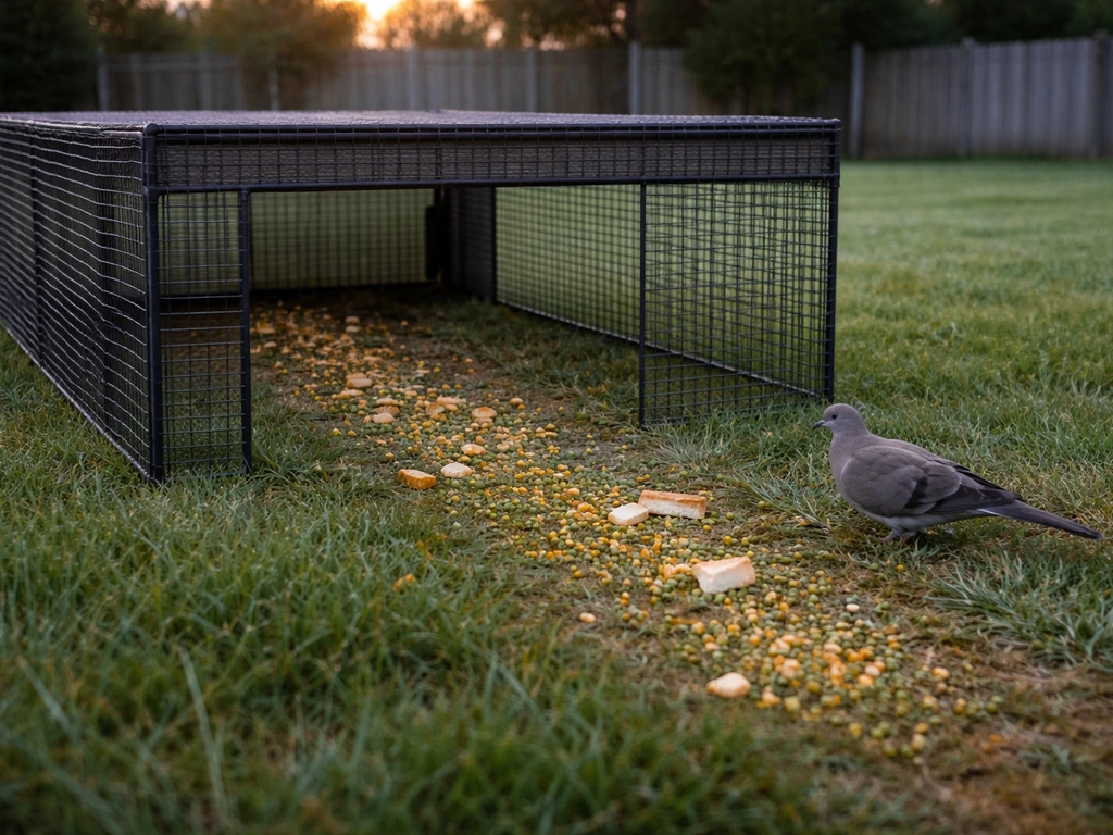 Large walk-in drop trap on grass with cracked corn and peas scattered; one pigeon/dove near the bait.