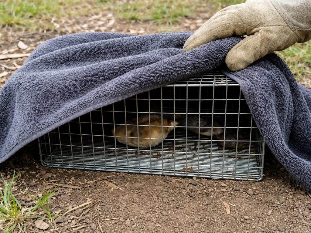 A small bird trap on the ground covered with a dark cloth to calm the bird.
