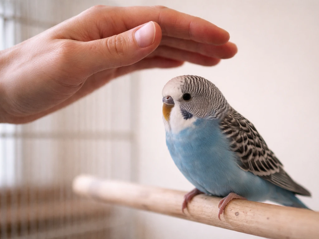 Calm moment: a hand hovers near a small pet bird on a perch, assessing feathers before touching.