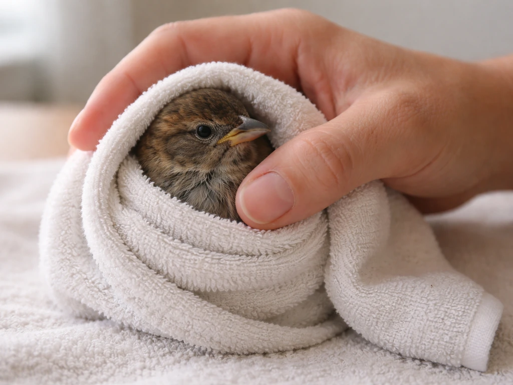 Small bird gently held in a light towel with head slightly exposed for ventilation