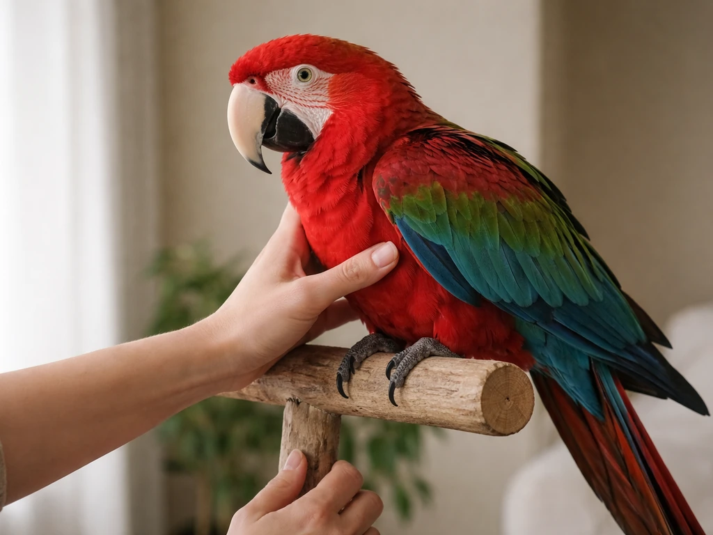 A person’s hands calmly supporting a large parrot while reading its body language on a perch indoors