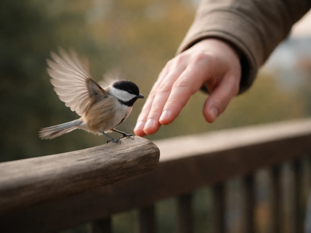 Hands gently lower a perch as a flapping small bird settles and stops struggling