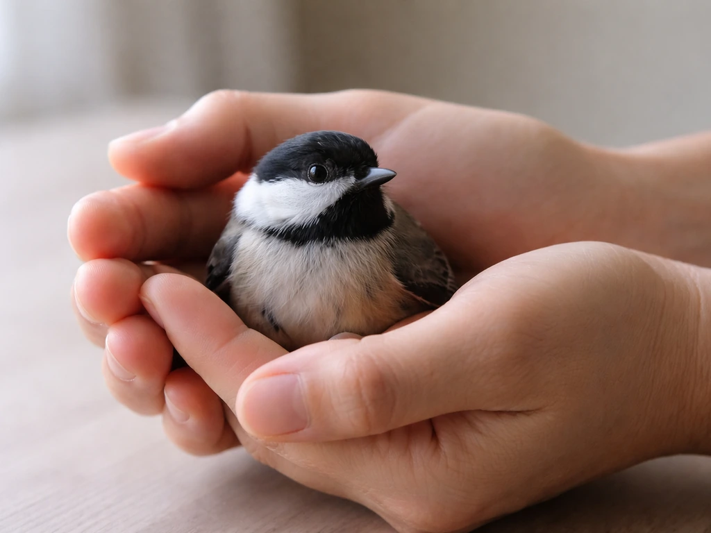 Hands gently supporting a small bird in a calm indoor setting, minimal and humane.