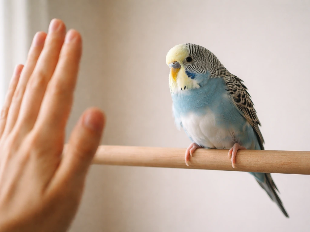 Small bird on a perch with a nearby hand held back, showing subtle stress cues in a calm room.