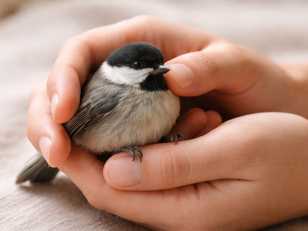 Close-up of gloved hands gently supporting a small bird’s body with careful thumb placement.