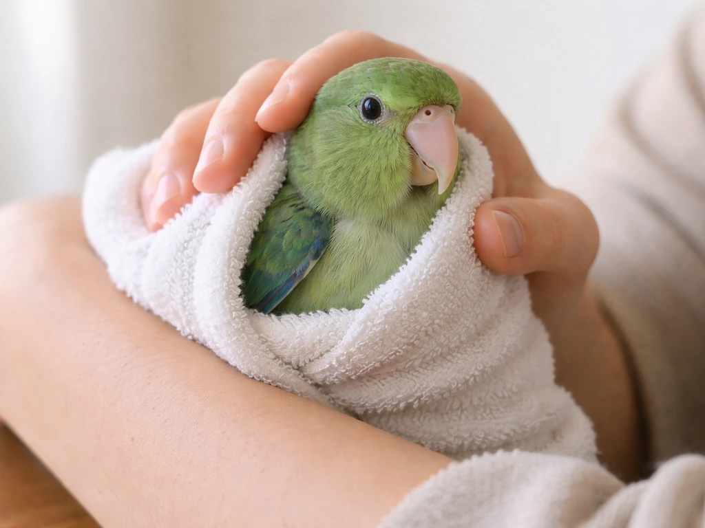 A small bird being gently steadied with a soft hand towel, head supported and wings controlled.