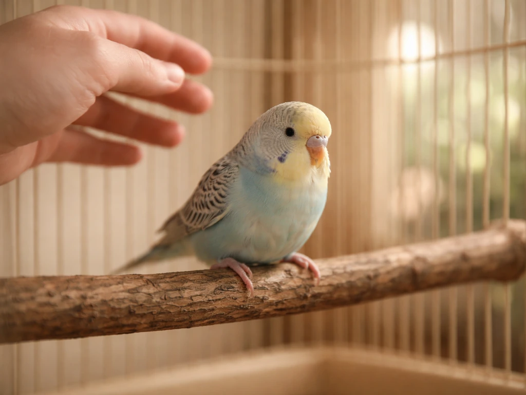 A small bird calmly settles on a wooden perch after being gently released from handling.