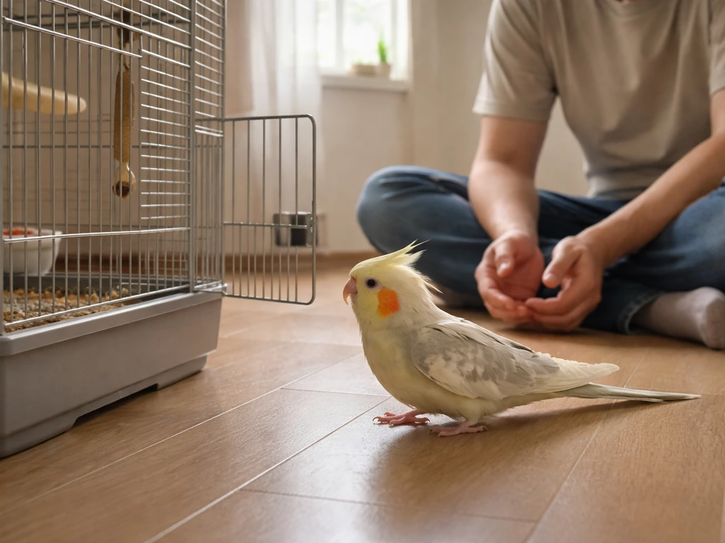 Calm handler seated on the floor at bird level as a cockatiel approaches an open cage doorway