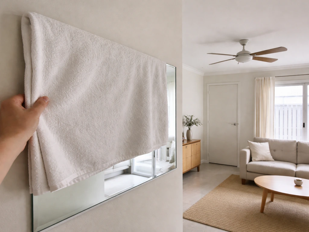 Living room prepared for a cockatiel rescue with a mirror covered by a towel and all entry points closed.