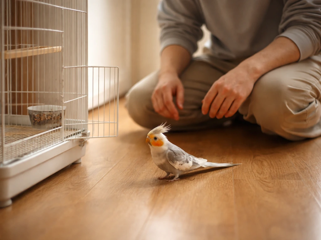 Person crouched on the floor as a calm cockatiel approaches an open cage doorway.
