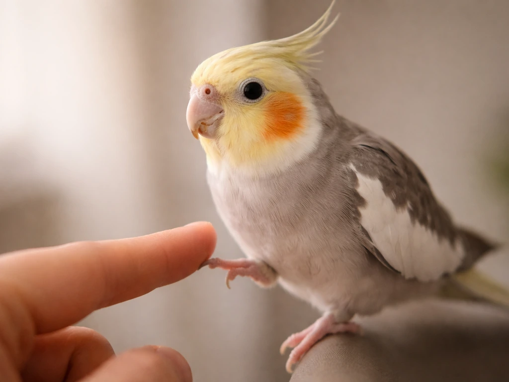 A tame cockatiel calmly steps toward a gently offered finger.