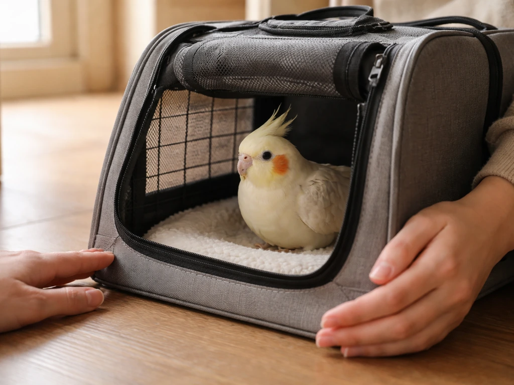 Cockatiel settled calmly inside a covered carrier while a handler keeps movements quiet beside it.