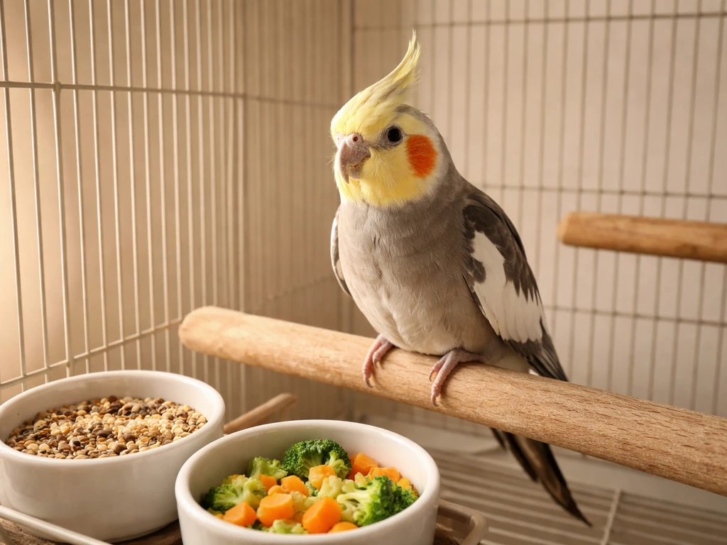 Healthy cockatiel perched inside a clean cage with fresh food and simple perches in warm sunlight.