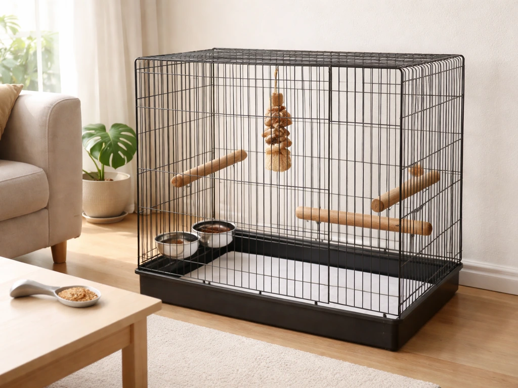 Cockatiel cage setup in a quiet room with food and water bowls, safe perches, and natural light.