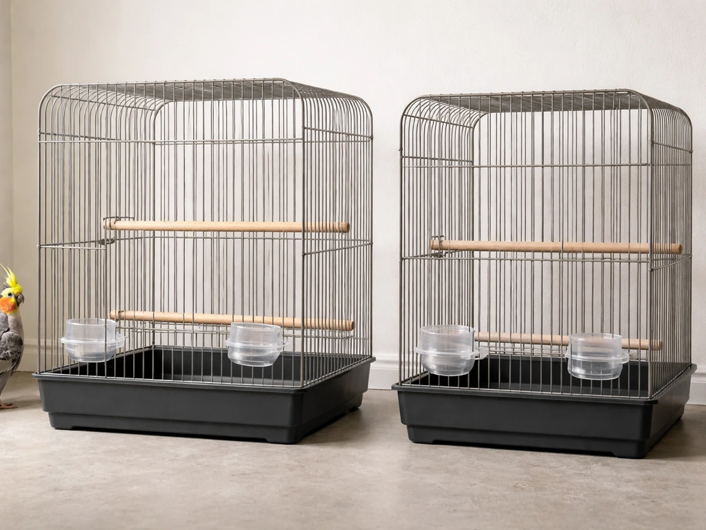 Side-by-side cockatiel cages showing wider bar spacing and more perching space versus a cramped cage.