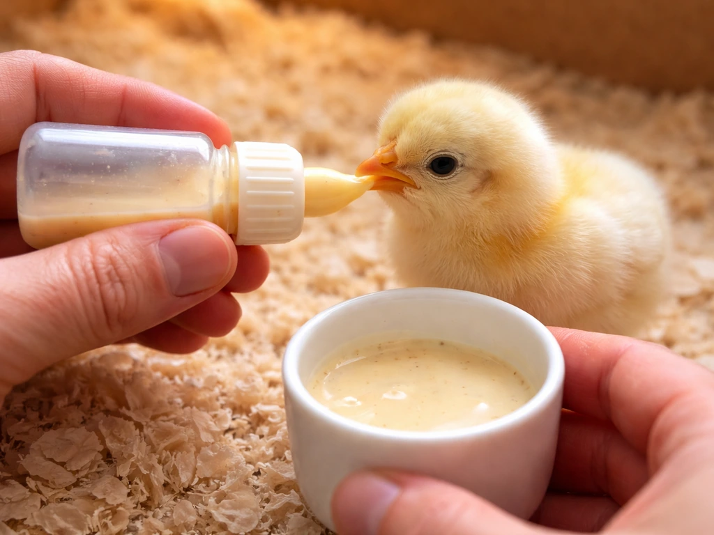 Anonymous hand gently feeding a calm chick with warm formula in a simple brooder setting.