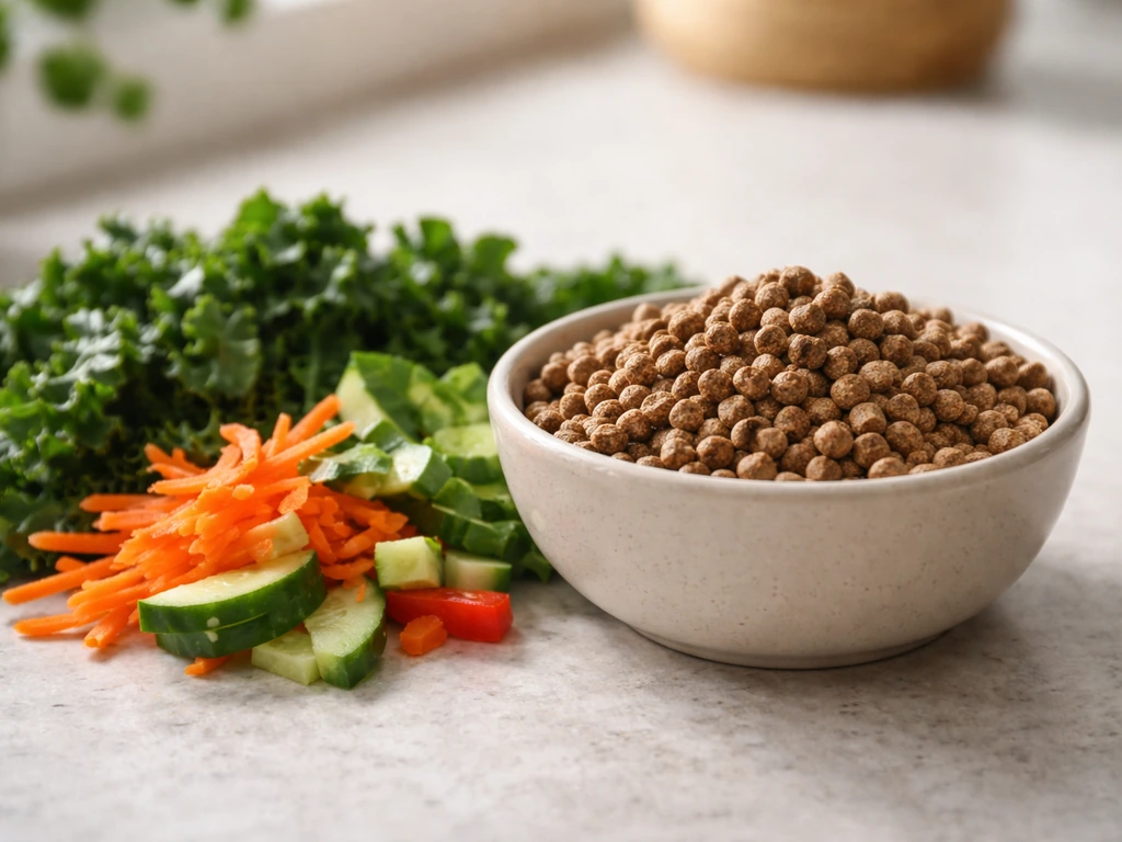 Close-up of a pellet bowl beside leafy greens and chopped vegetables on a clean countertop.