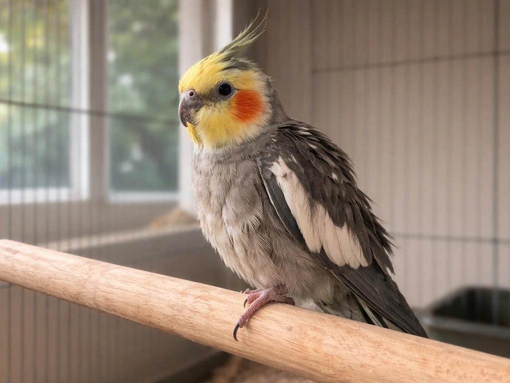 Cockatiel perched indoors with fluffed, uneven feathers suggesting stress, no visible blood.