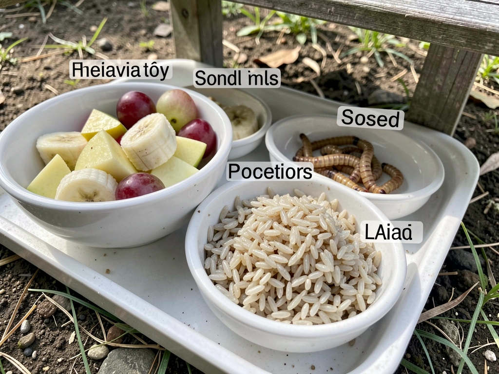 Mixed wet myna food options in small bowls (fruit, soaked grains, mealworms)