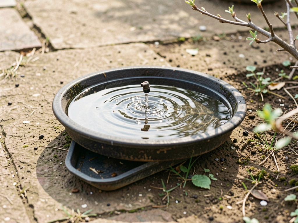 Shallow birdbath with dripping water and clean rim to prevent fouled water