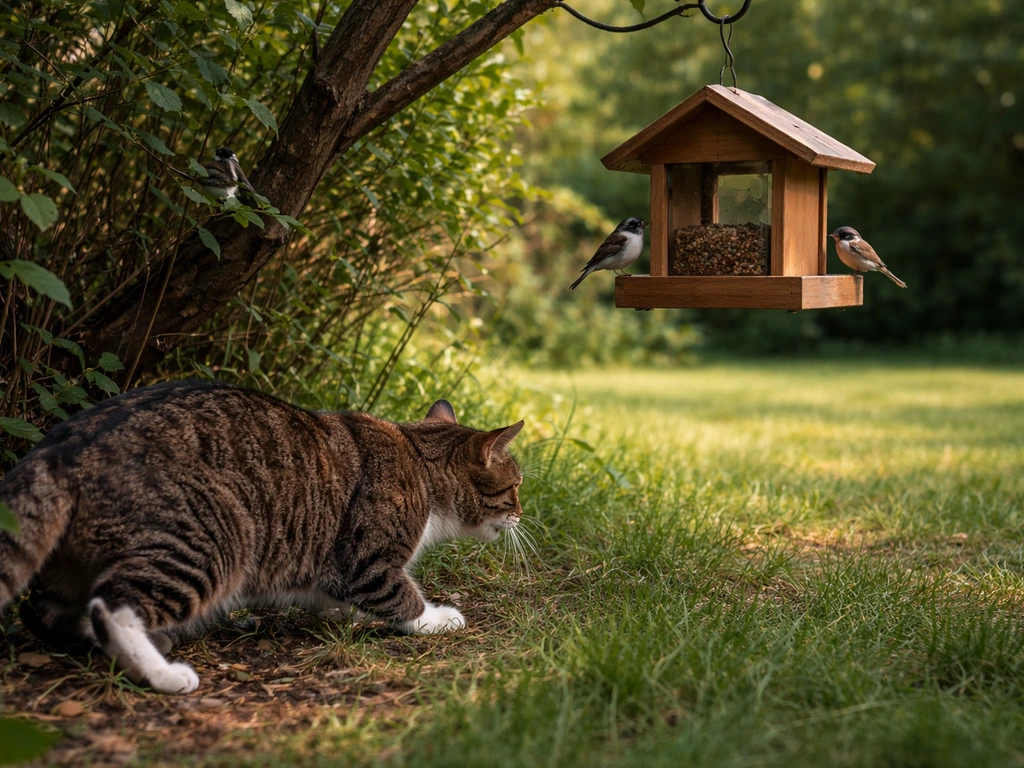 An alert cat stalks near a backyard bird feeder while birds stay safely out of reach.