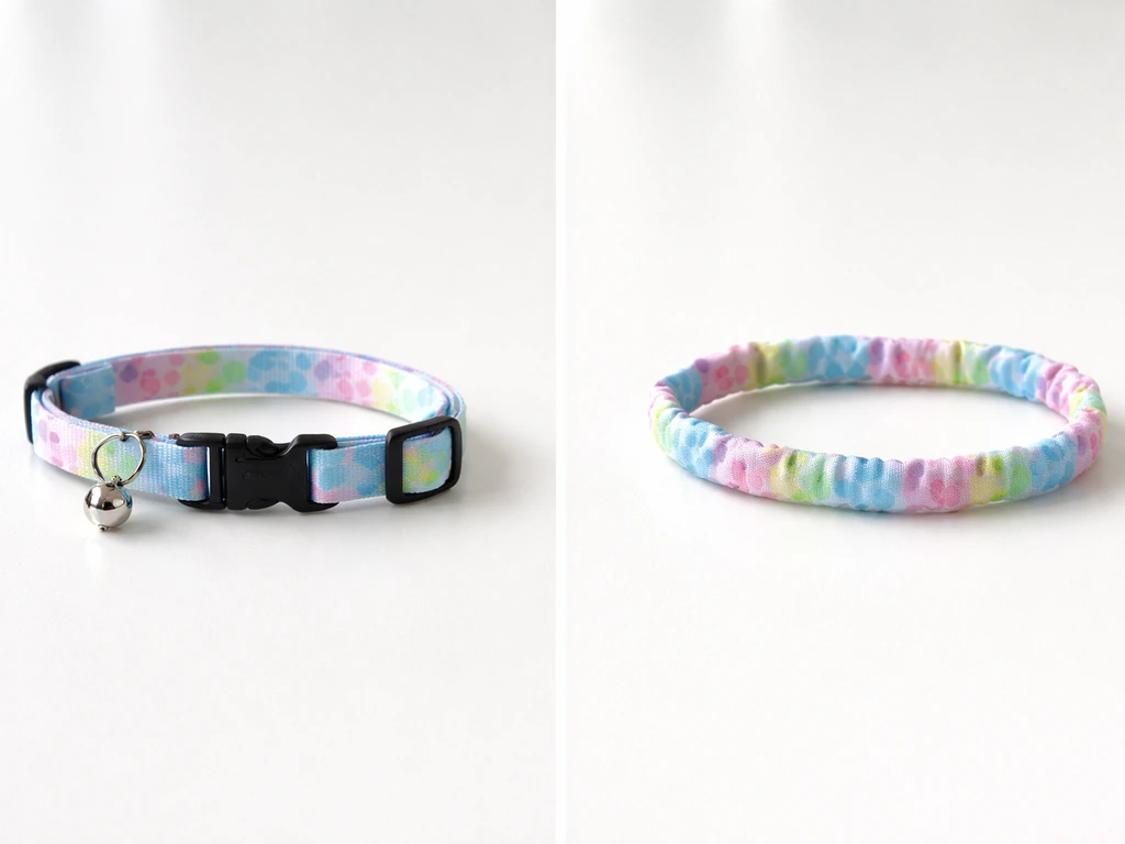 Left: breakaway dog collar with adjustable strap; right: elastic-only non-breakaway collar on a white table.