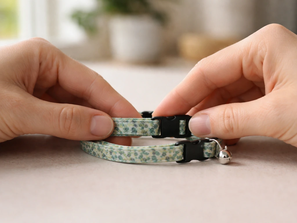 Hands measuring a pet breakaway collar using the two-finger fit rule with the clasp visible.
