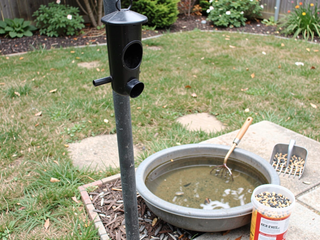 Black-oil sunflower feeder next to a shallow birdbath ready for first visitors.