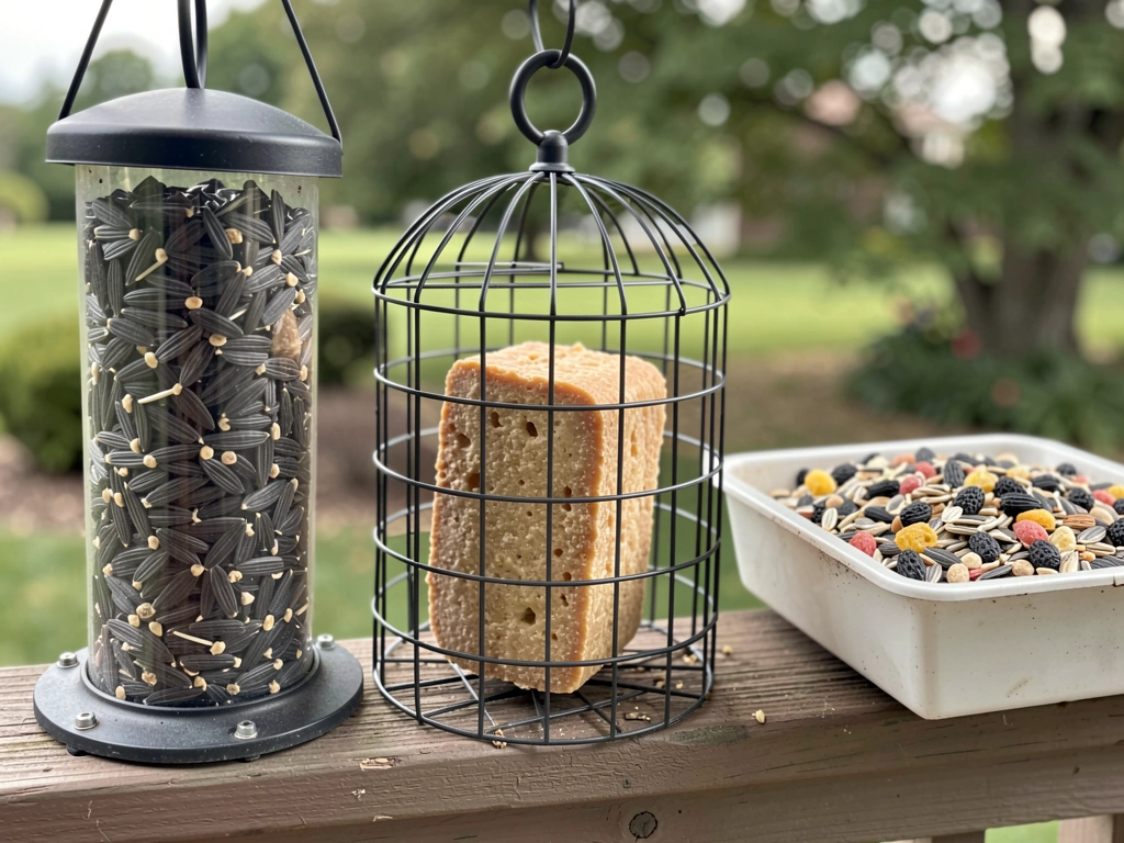 Close view of tube feeder seeds, suet cage, and platform feeder with mixed food.
