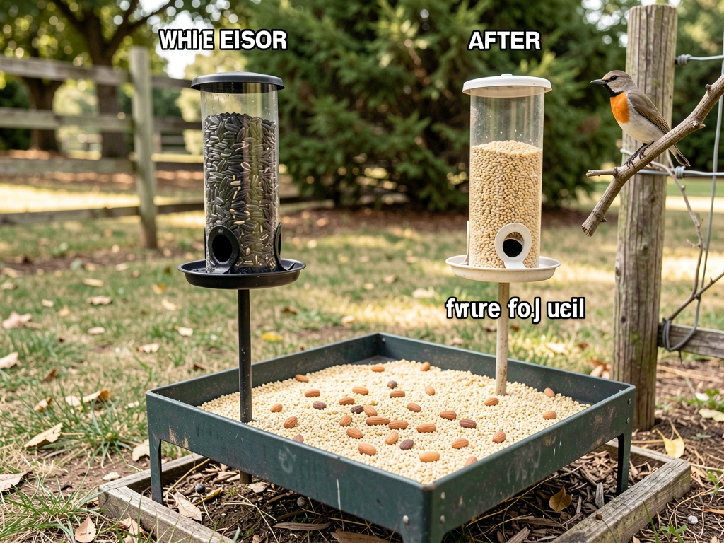 Two feeder types side-by-side—tube at eye level and low platform feeder for ground birds.