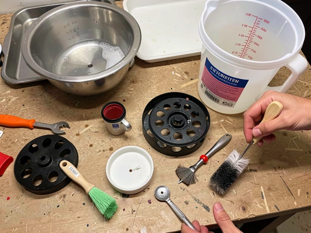 Feeder disassembly and bleach-water cleaning process on a table.