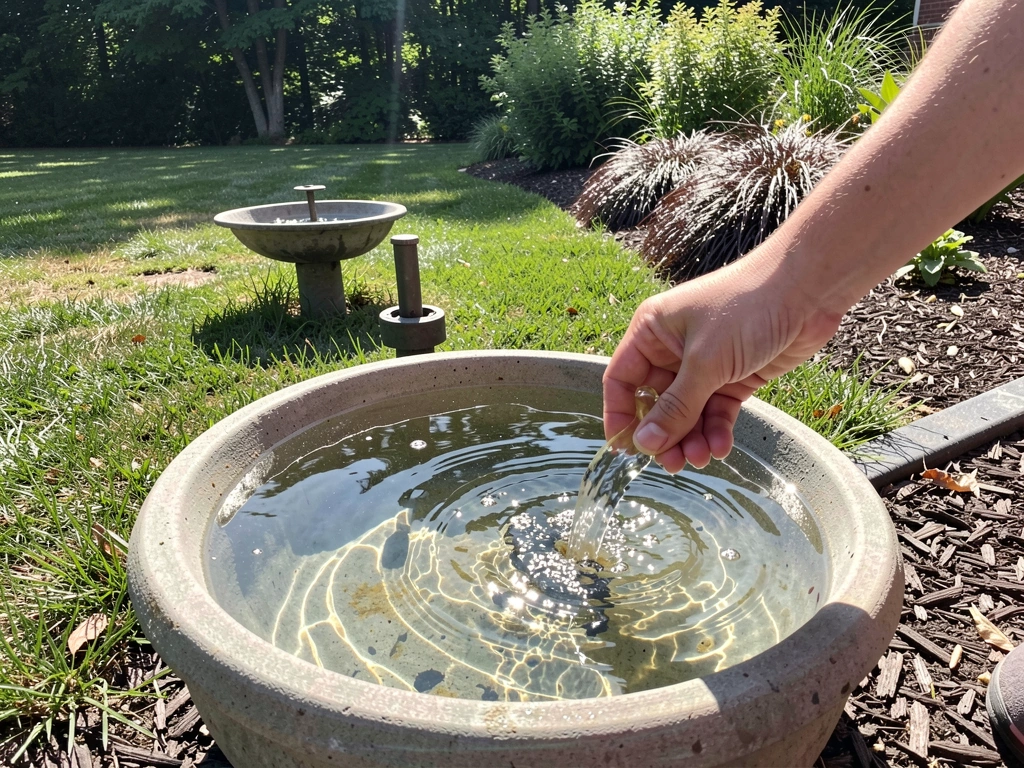 Refilling a shallow birdbath with fresh water near shrubs for predator escape.