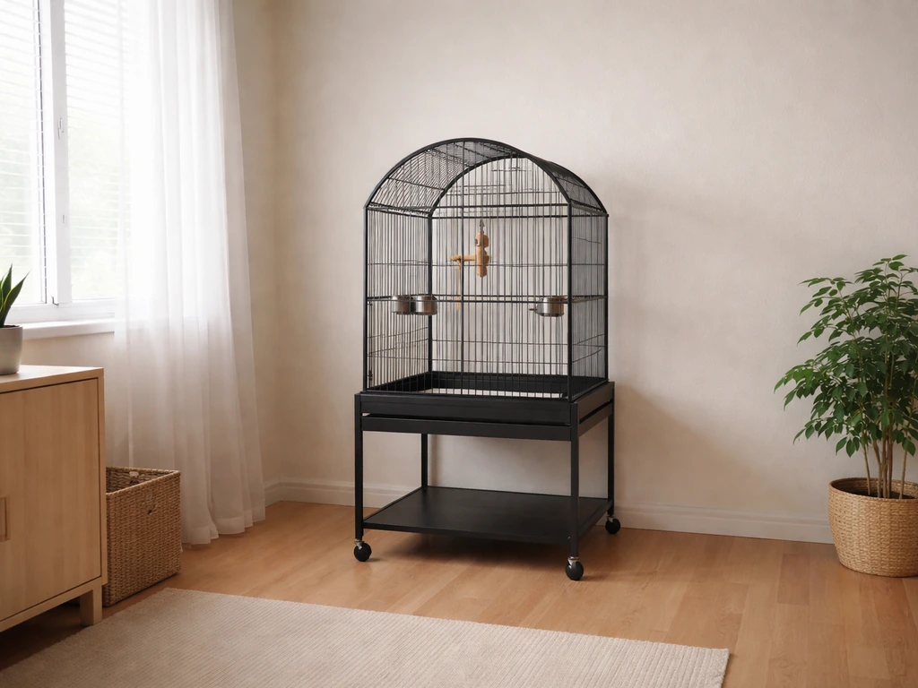 Quiet indoor room with soft light and a neatly placed pet bird cage, no people visible.
