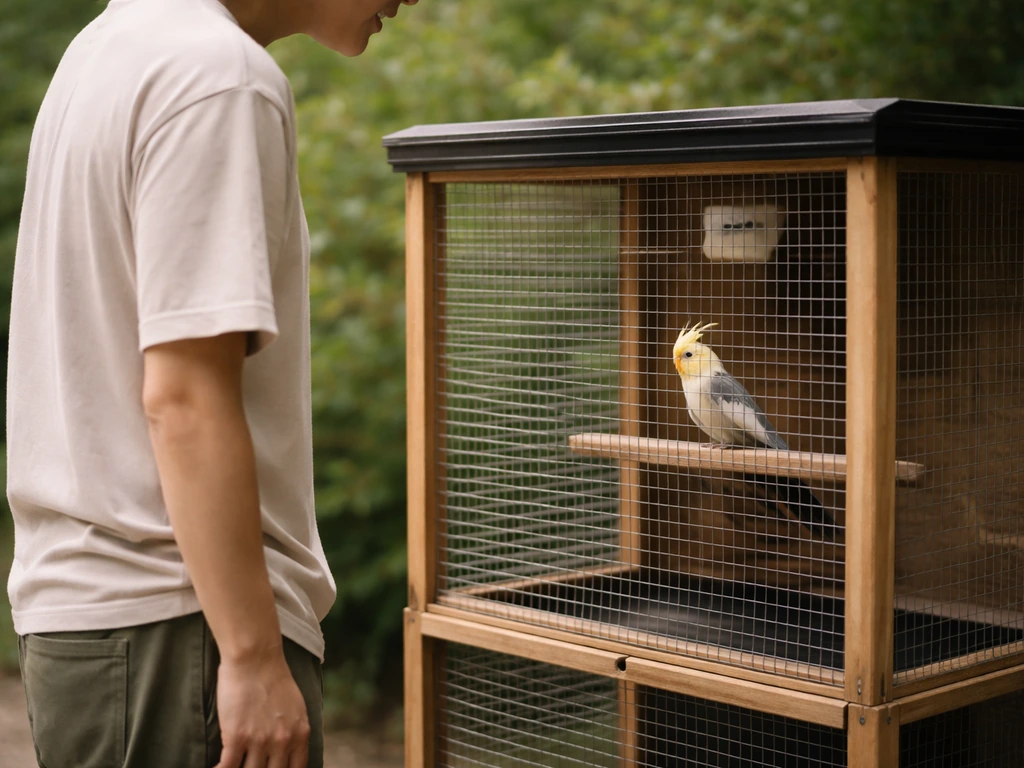 Anonymous person standing calmly beside an aviary cage with hands at rest and a bird perched nearby.