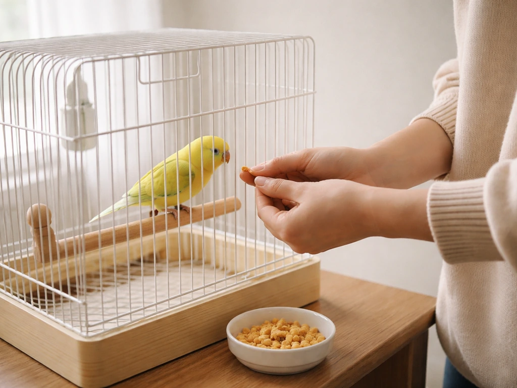 Caged bird near a consistent treat dish while a person gently offers a treat at the same spot.