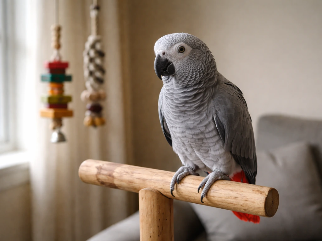 African grey parrot perched calmly on a wooden stand with simple toys in warm natural light