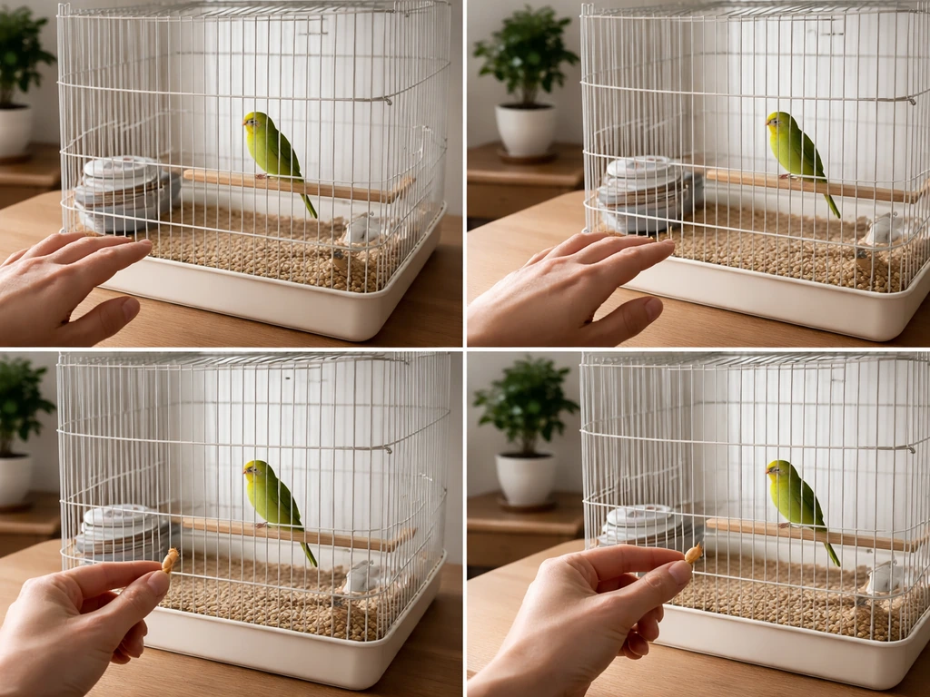 Day-by-day trust progression shown around a birdcage: presence, calm approach, gentle feeding, and relaxed perching.
