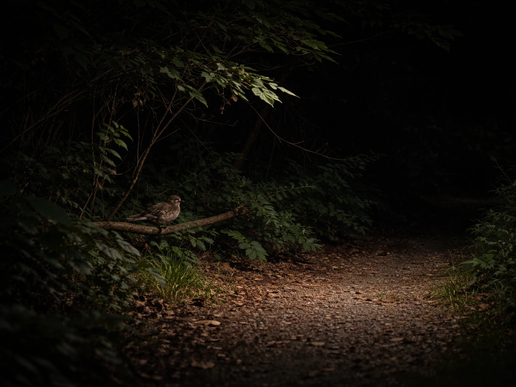 Warm-lit forest-edge backyard at night with leafy cover and a camouflaged whippoorwill-like bird perched low.
