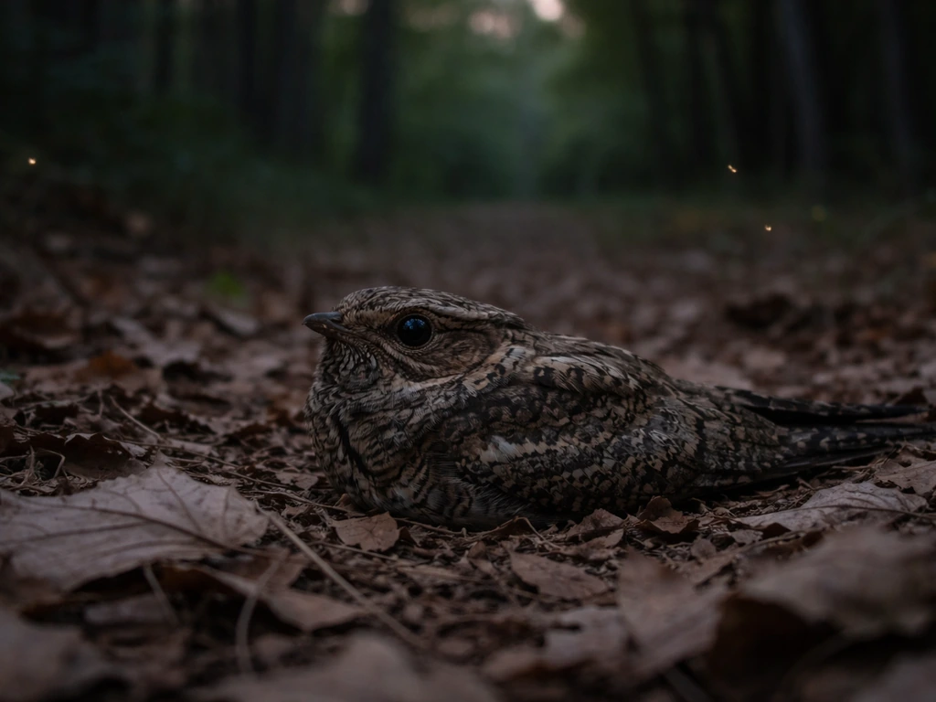 Eastern whip-poor-will camouflaged on leaf litter at the forest edge during dusk.