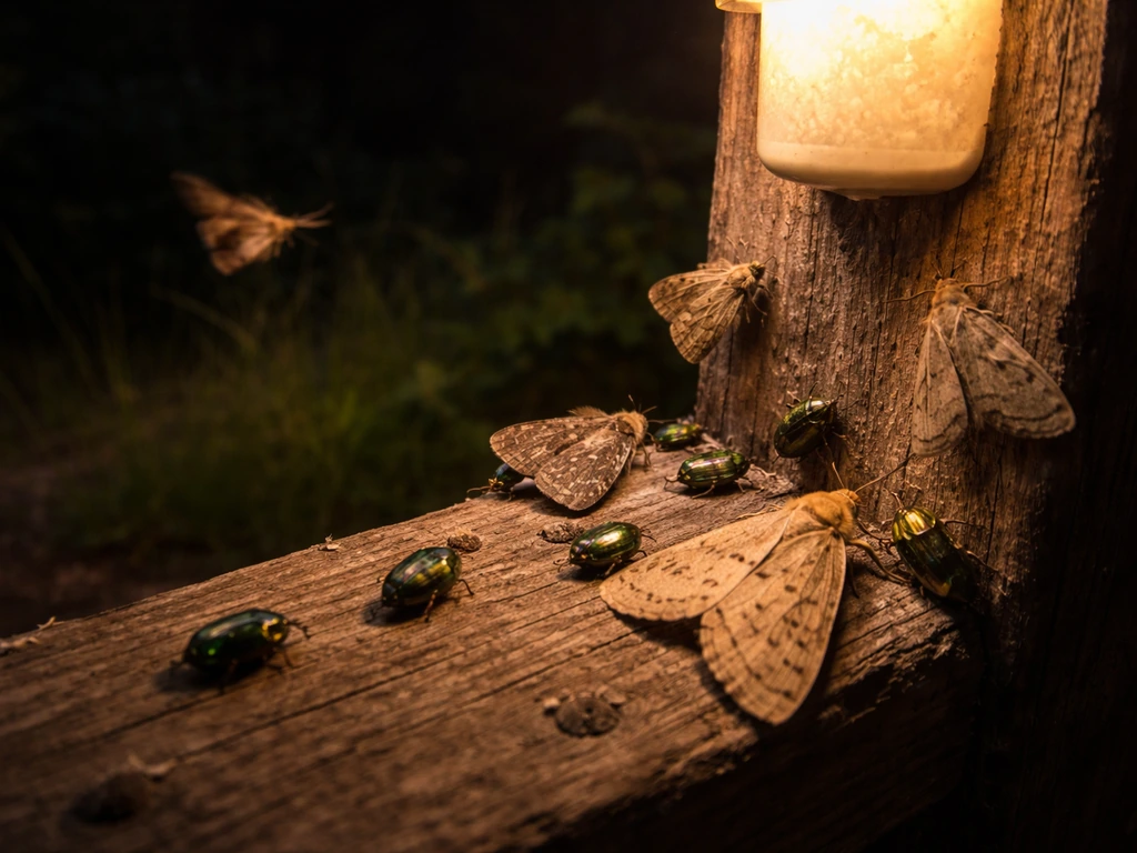 Amber-lit close-up of moths and beetles gathering near natural cover at night